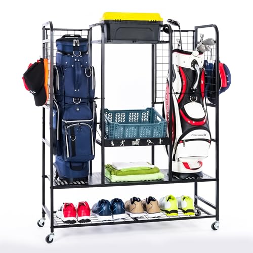 Mythinglogic Golf Bag Storage Rack with Wheels, Large Golf Organizer for Garage, Holds 2 Golf Bags, Golf Storage Stand with Shelves and Hooks for Shoes, Balls, Towels and Golf Accessories | large capacity, lockable casters, hold up to 2 golf bags