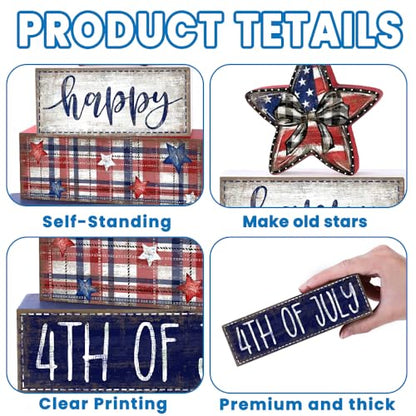 DIYDEC 4Pcs Memorial Day Table Decor 4th of July Patriotic Wood Signs Independence Tiered Tray Decor America Red Blue Centerpieces Signs for Farmhouse Holiday Tabletop Home Party Decoration - style: Independence Day Star
