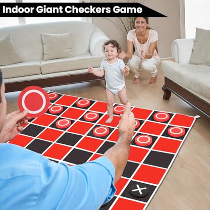 2 in 1 Giant Checkers & Large Tic Tac Toe Game Set (4.6ft x 4.6ft), Jumbo Checkers Outdoor Lawn Games with Chess Board Mat & 4 Ground Stakes, Giant Indoor Outdoor Games for Kids, Yard, Camping Party