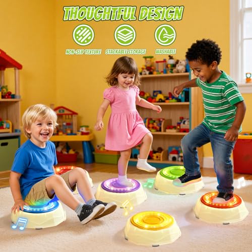 Light Up Stepping Stones for Toddlers 3-5 - 6 PCS Non-Slip Musical Stackable Step Stones, Toddler Obstacle Course Sensory Toys, Indoor Outdoor Jumping Play 1-3 Years Old Boys Girls Birthday Gifts - style: 6 LED Pads