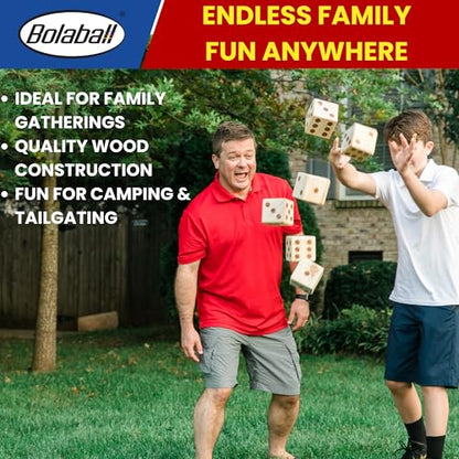 Bolaball 3.5" Giant Wooden Yard Dice Set – Durable Outdoor Fun Kit Includes 6 Large Dice with Sturdy Carry Bag for Parties, Beach, Lawn Games, and Easy Storage; Superior Crafted Hardwood Design