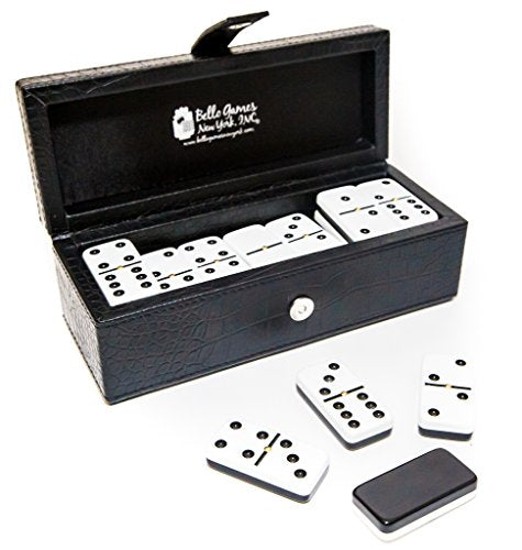 Bello Games New York, Inc. Flushing Meadows Double Six Professional Jumbo Size Two Tone Tournament Dominoes Set with Spinners in a Black Leatherette Case