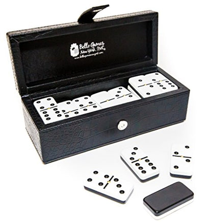 Bello Games New York, Inc. Flushing Meadows Double Six Professional Jumbo Size Two Tone Tournament Dominoes Set with Spinners in a Black Leatherette Case