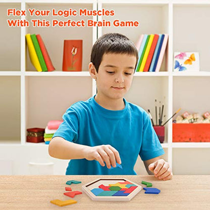 Vanmor Wooden Tangram Puzzle Brain Teaser for Kids Ages 3-8 & Adults, Shape Pattern Block Geometric Logic IQ Game with 60 Challenges, Montessori STEM Educational Gift Toy - color: Hexagon