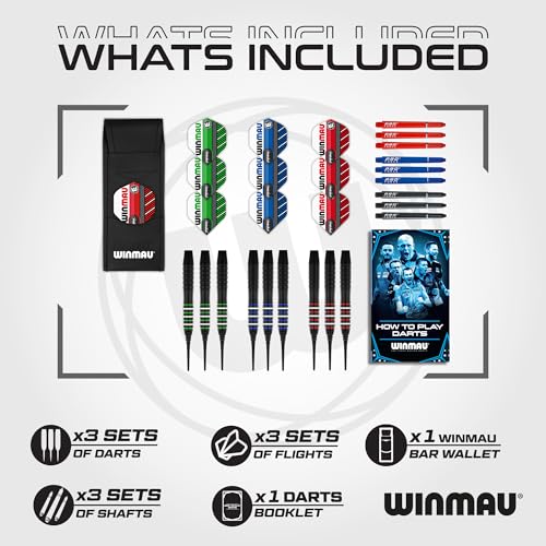 WINMAU Rookie Blue Softip (Plastic Tips) Brass Darts Set | Single or Multi Sets | Includes Flights and Shafts (Stems) | Exclusive Darts Booklet | Blue, Red and Green | - color: Blue, Red and Green