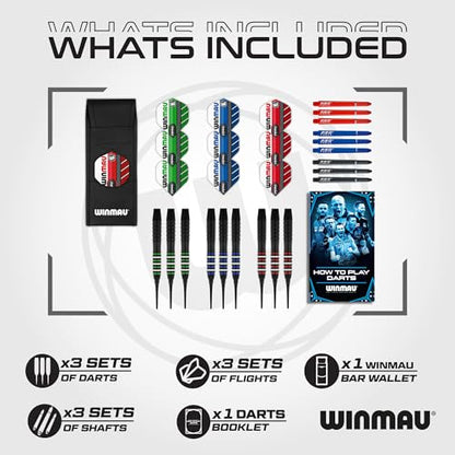 WINMAU Rookie Blue Softip (Plastic Tips) Brass Darts Set | Single or Multi Sets | Includes Flights and Shafts (Stems) | Exclusive Darts Booklet | Blue, Red and Green | - color: Blue, Red and Green