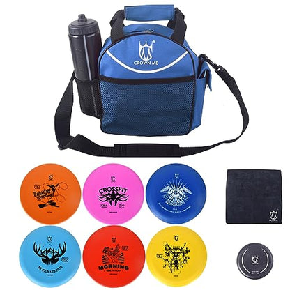 CROWN ME Disc Golf Set with 6 Discs and Mini Disc and Starter Disc Golf Bag - color: Blue
