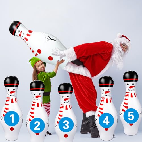 Poen 7 Pcs Glow in The Dark Giant Inflatable Bowling Set, Including 6 Pcs 27 Inches Bowling Pins and a 24 Inches Inflatable Ball Adults Outdoor Indoor Family Party - style: Snowman