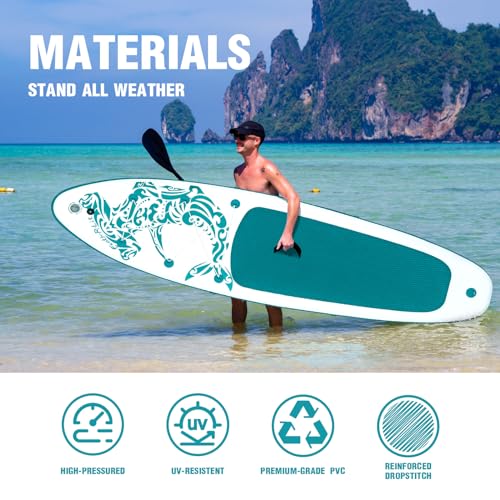 FEATH-R-LITE Inflatable Paddle Board Stand Up Paddleboards for Adults SUP with Premium Accessories Pump, Adjustable Paddle, Leash, Three Fins, Backpack - style: Green