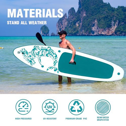 FEATH-R-LITE Inflatable Paddle Board Stand Up Paddleboards for Adults SUP with Premium Accessories Pump, Adjustable Paddle, Leash, Three Fins, Backpack - style: Green