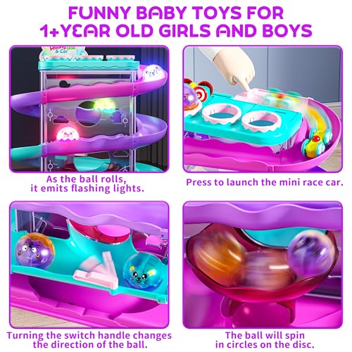 2-in-1 Light-Up Ball Drop & Car Ramp Track Toy with Hammer for Toddlers | Hammer, Launch, Roll and Race with a 2-in-1 Track Toy Made for Hands-On Fun - color: Pink + Purple + Cyan + Peach