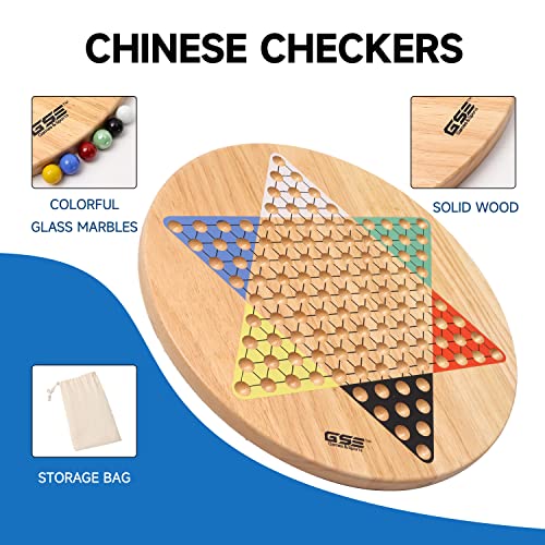 GSE Games & Sports Expert 15" Jumbo Oak Wood Chinese Checkers Board Game Set with Colorful Glass Marbles, Classic Strategy Family Board Game for Adults