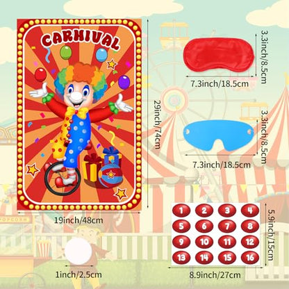 Hooqict Circus Games Pin The Nose on The Clown Carnival Party Games for Kids Clown Party Supplies Circus Themed Birthday Party Decorations, Large Clown Games Poster with 32 Nose Stickers - style: Carnival