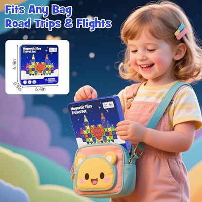 Mini Magnetic Tiles Travel Kit for Kids Ages 3-8, 60pcs Portable Magnetic Building Blocks with Visual Storage Guide & Metal Play Base, STEM Sensory Toys for Preschool Learning - style: Mini Magnetic Tiles Travel Construction Set - 60PCS