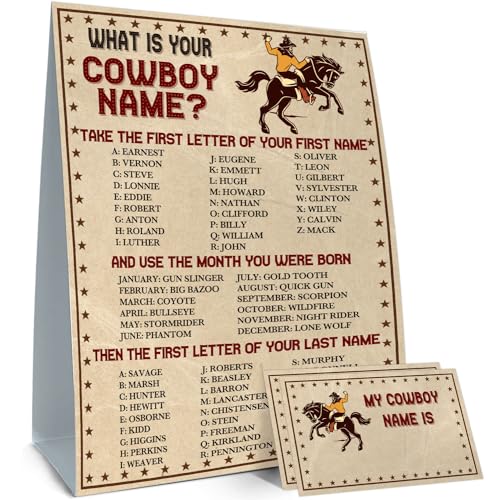 Western Cowboy Party Favors for Birthday Party Decorations, What's Your Cowboy Name Game, 1 Game Sign and 30 Name Stickers, Birthday Games for Party, Birthday Party Activity, Fun for Adults Games - style: Cowboy-brown