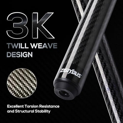 58" Carbon Fiber Pool Cue Stick 19-20oz Low Deflection Billiard Cue | Premium 3K Twill Butt, 12.5mm 8-Layer Pigskin Tip, 3/8-8 Stainless Joint, Hard Case, Adult Tournament & Home Players