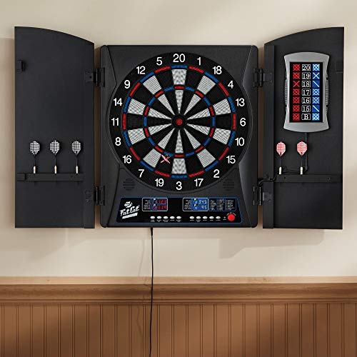 Fat Cat Mercury Electronic Soft Tip Dartboard with Cabinet, 13.5 in Target, 28 Games, 6 Darts Included, Black