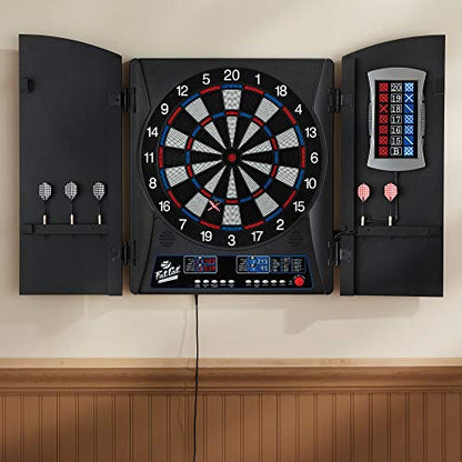Fat Cat Mercury Electronic Soft Tip Dartboard with Cabinet, 13.5 in Target, 28 Games, 6 Darts Included, Black