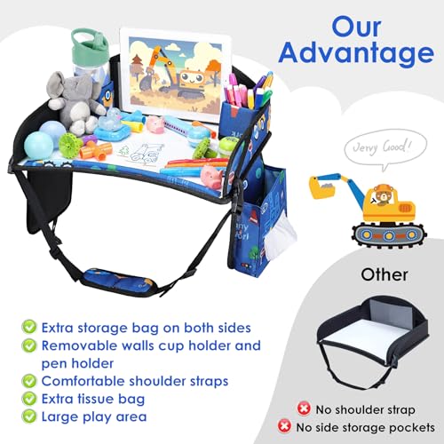 Kids Travel Tray for Airplane - Toddler Car Seat Table Tray, Road Trip Essentials for Boys & Girls, Carseat Lap Desk for Kids Road Trip Activities (Dark Blue Car) - color: Dark Blue Car