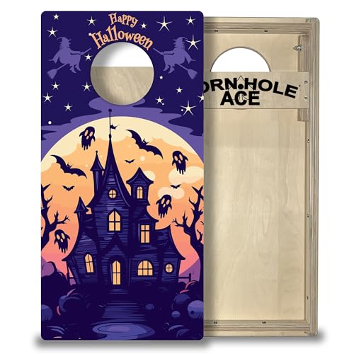 CornholeAce Tailgate Size Cornhole Boards - Regulation 6 inch Hole - Measures 32 inches by 16 inches - Perfect for Travel, Vacations, Beaches, Tailgating, Picnics or Camping - color: Purple Haunted House