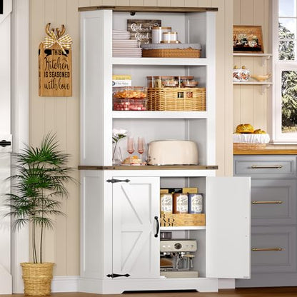 TEENFON 70.9in Tall Storage Cabinet with Adjustable Shelves, Kitchen Pantry Cabinet with 2 Barn Doors, 5 Tiers Farmhouse Bookcase for Living Room, Kitchen, Home Office, Bedroom, White - color: White-01