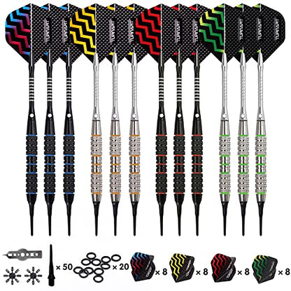 Darts Plastic Tip - Professional Soft Tip Darts Set for Electronic Dartboard 12 Pcs 18 Grams with 50 Extra Tips 24 Flights 2 Flight Protctors and Tool Kit Gift Darts (New)