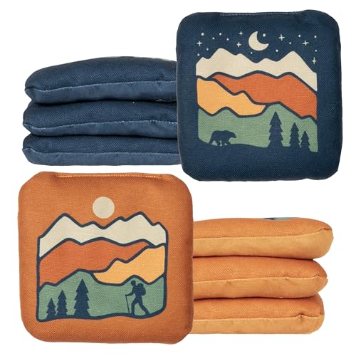 Play Platoon Pro Cornhole Bags Set of 8 - Professional Dual Sided Slick and Sticky Side Competition Corn Hole Bags - Tournament Series - color: Blue/Orange Bear & Hiker
