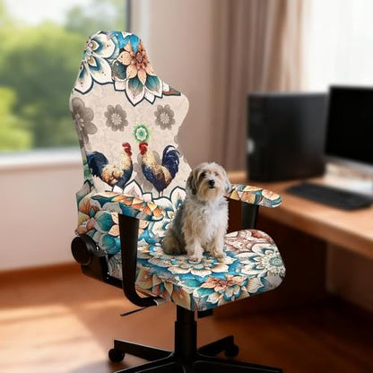Suobstales Boho Mandala Rooster Chicken Print Gaming Chair Cover, 4pc/Set Ergonomic Office Computer Game Chair Slipcovers with Armrest Covers/Back Covers/Seat Cover for Reclining Racing Gaming Chair - color: Boho Mandala Rooster Chicken