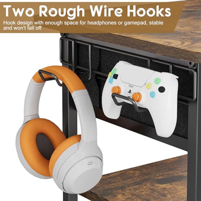 Hongtamoya 4-Tier AV Media Stand with Drawer, Video Game Console Shelf with 2 Hooks, Audio Rack Tower Perfect for/Xbox/ PS5/Switch/Game Consoles/DVD/Record Player/Projector/Sky Box/TV Accessories