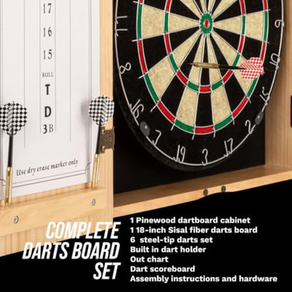 Dart Board Cabinet Set - Natural Pinewood Cabinet with Self-Healing Sisal Dartboard, 6 Steel Tip Darts, Dart Holders, Scoreboard, and Out Chart - Man Cave, Bar or Game Room Decor by Trademark Gameroom
