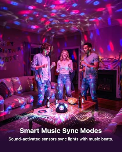 3-in-1 Pyramid Disco Party Lights with Sound Activated and Adjustment Stake | 4 Head Magic Projector Ball Lamp, 360 Angle Room Coverage, Water Wave Strobe Lighting Effect, for Home, Holiday Club, Karaoke