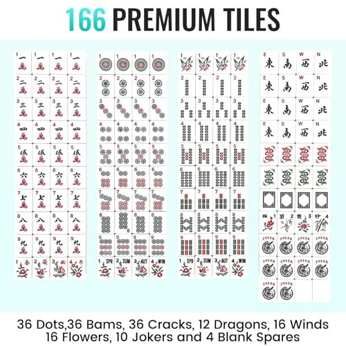 American Mahjong Tile Set,166 White Tiles Mahjong Set,4 Colors Mahjong Racks,Travel Mahjong Set with Green Carrying Bag - style: Green Bag
