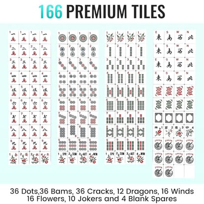 American Mahjong Tile Set,166 White Tiles Mahjong Set,4 Colors Mahjong Racks,Travel Mahjong Set with Green Carrying Bag - style: Green Bag