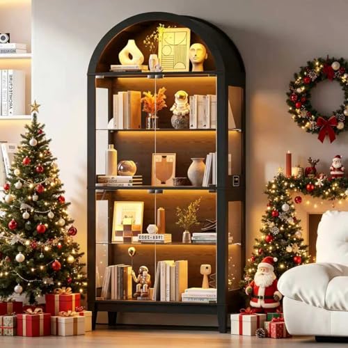 Lvifur Display Cabinet with -Glass Door, 5-Tier 68.9" Arched Curio Cabinet with RHB Lights for Collectibles,LED Display Case with Glass Shelves, Motion Sensor, Storage Cabinets,Bookcase,Black - color: Black-archedb