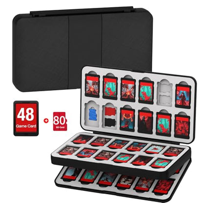 QuoLumPIA 48 Game Card Case Compatible for Nintendo Switch 2/OLED/Switch/Switch Lite, storage 48 Game Cards & 80 Micro SD cards, Black, hard shell, magnetic closure, soft silicone linning - size: 48