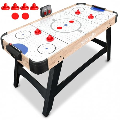 SereneLife 58in Powered Air Hockey Table Upgraded 700mA 12v 2X Powerful Motor, 4 Player 4 Pucks 2 Pushers, Full-Size Arcade Style, Inline Power Switch and Battery Free Digital LED Score Board - color: Natural