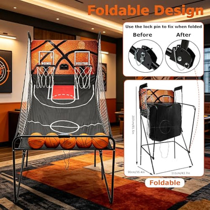 Dual Shot Arcade Basketball Game, 8 Modes Arcade Basketball Game with LED Electronic Scorer Timer Foldable Double Shootout Game 5 Balls for All Players Home Playground Game Halls