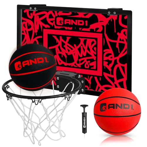 AND1 Over the Door Mini Basketball Hoop: 18x12 Shatterproof Backboard, 2 Mini Basketballs, and Hand Pump Included- Ultimate Indoor Basketball Accessory for Kids and Adults, No Tools Required - color: Red Graffiti, style: Mini Hoop / Two Balls