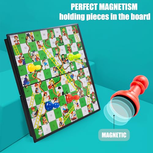 KIDAMI Mini Magnetic Snakes and Ladders Board Game Set, Folding Portable Design and Light-Weight, Travel Game Set Gift for Kids Toddlers (7.64 × 7.64 inches) - color: Snakes & Ladders