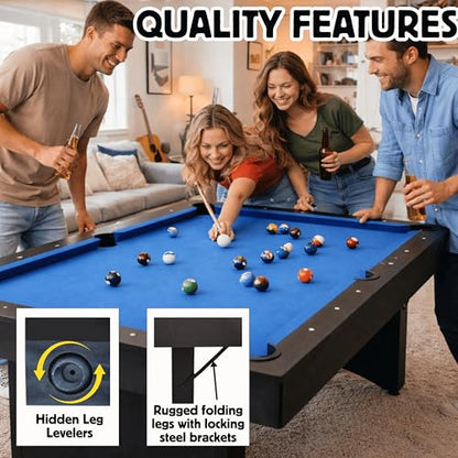 Freetime Fun 6 FT Pool Table, No Assembly, Portable, Includes Billiard Tables Accessories- 2 Pool Cues, Set of Balls, Triangle, Pool Table Brush, Chalk - color: Blue Felt