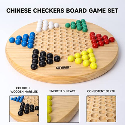 GSE Games & Sports Expert 11.5" Natural Wood Chinese Checkers Board Game Set with Wooden Colorful Marbles, Classic Strategy Family Board Game for Kids & Adults