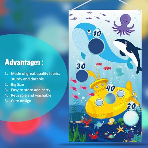 Blulu Ocean Animal Toss Games Banner with 4 Bean Bags Toss Game Indoor Outdoor Dolphin Whale Octopus Blue Birthday Party Decorations for Ocean Animal Theme Party Supplies Photo Background Backdrop