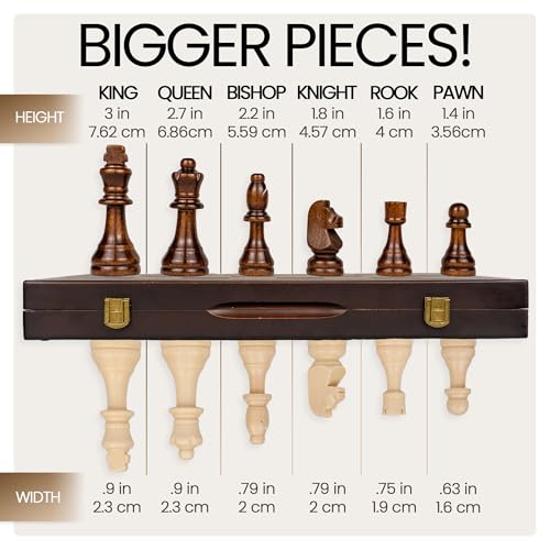 15" Magnetic Wooden Chess Set - Large Folding Portable Travel Chess Board - Hand Carved Pieces - Foam Storage Slots - 2 Extra Queens - Tournament and Beginner Play - Adults and Kids - size: 15"
