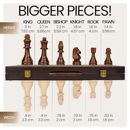 15" Magnetic Wooden Chess Set - Large Folding Portable Travel Chess Board - Hand Carved Pieces - Foam Storage Slots - 2 Extra Queens - Tournament and Beginner Play - Adults and Kids - size: 15"