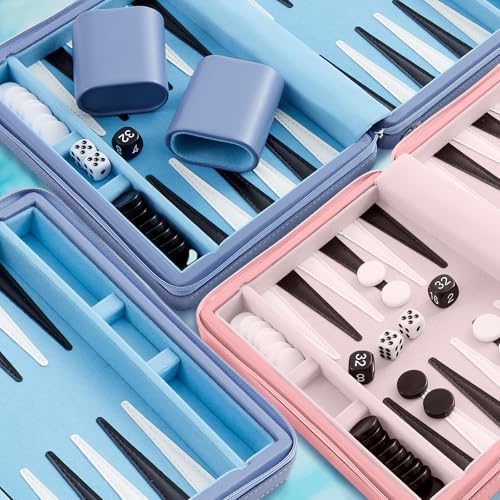Jerify Travel Backgammon Set Board Games for Adults Portable Backgammon 9.4 x 7.1 inches Leatherette Case Classic Strategy Game for Families Companion Airplane, Camping(Blue) - color: Blue