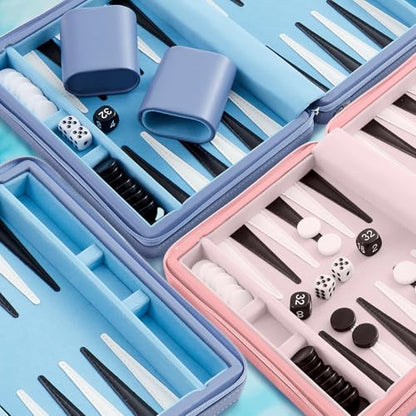 Jerify Travel Backgammon Set Board Games for Adults Portable Backgammon 9.4 x 7.1 inches Leatherette Case Classic Strategy Game for Families Companion Airplane, Camping(Blue) - color: Blue