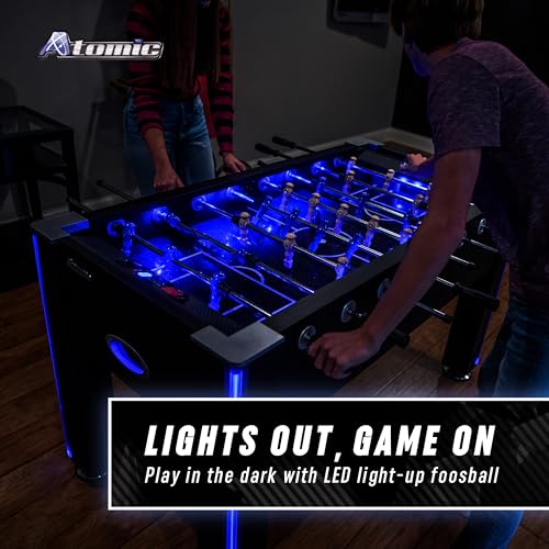 Atomic Azure LED Foosball Table – Light Up Arcade Style Table with In-Rail LED Lighting, Music, Electronic Scoring, Glow Foosball, 47” x 27” Playfield