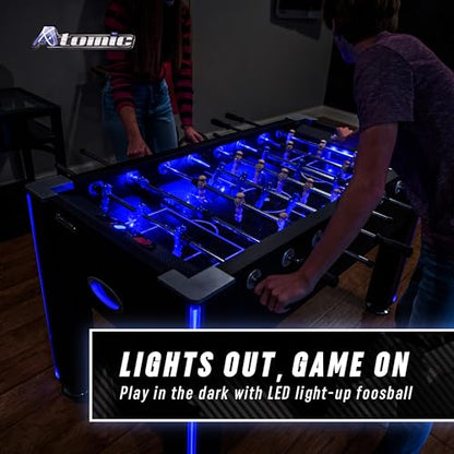 Atomic Azure LED Foosball Table – Light Up Arcade Style Table with In-Rail LED Lighting, Music, Electronic Scoring, Glow Foosball, 47” x 27” Playfield