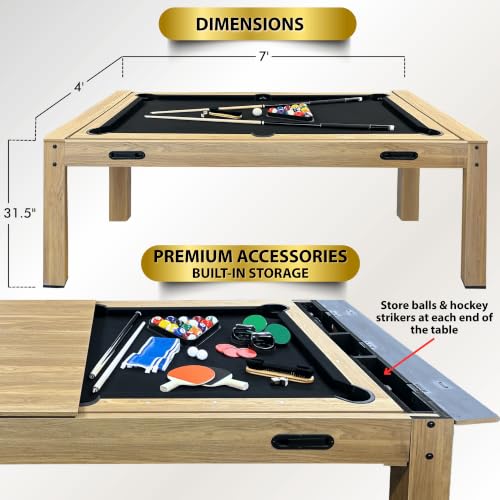 7ft Multi Game Table 4 in 1 Pool Table Ping Pong Table Air Hockey Combo Game Table Includes All Accessories for Game Room & Family - color: Natural Oak