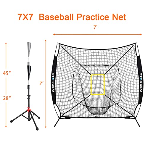 Storgem Baseball and Softball Practice Net 7×7ft Portable Hitting Pitching Batting Training Net Baseball Backstop Net with Batting Tee and Strike Zone and Bow Frame - color: Black Pro